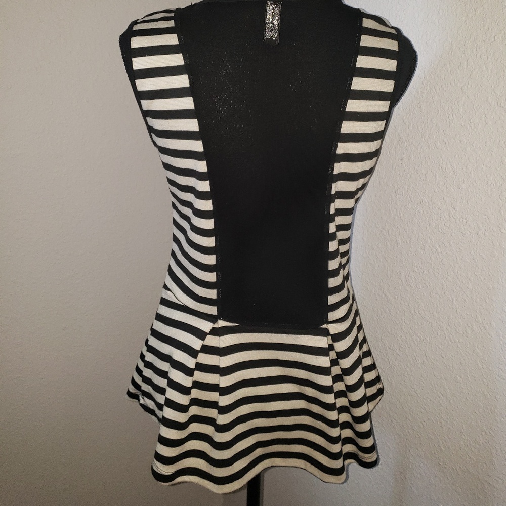 Womens Black/white Striped Sexy Peplum Top w/Mesh - Picture 7 of 8